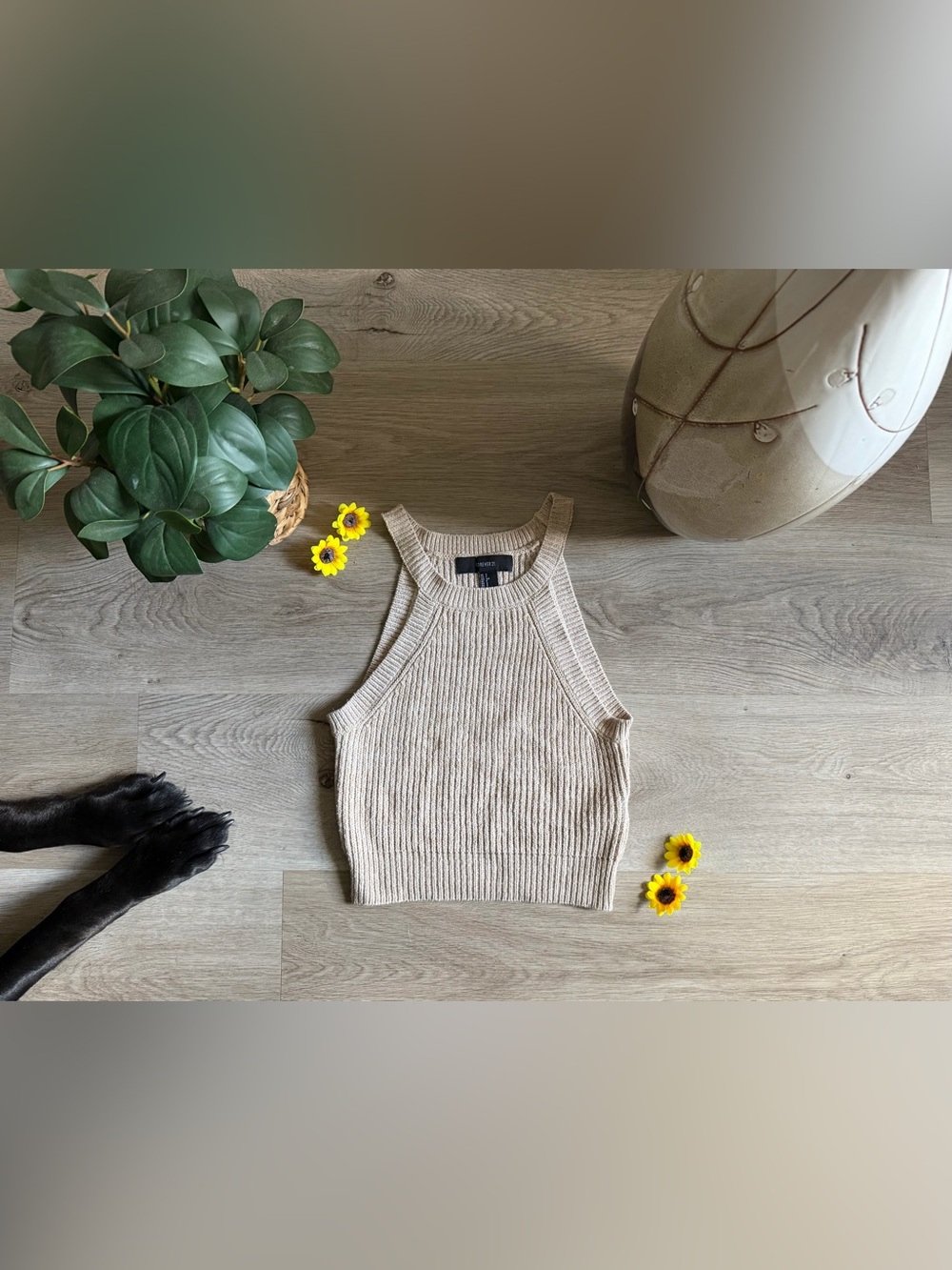 Forever 21 Beige Ribbed Halter Crop Top - Size Small